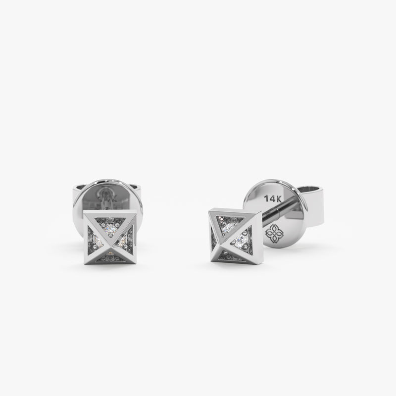 handmade solid 14k White Gold Diamond Pyramid Earrings