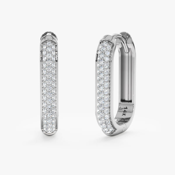 Pair of solid 14k White Gold U Shape Thick Diamond Hoop earrings 