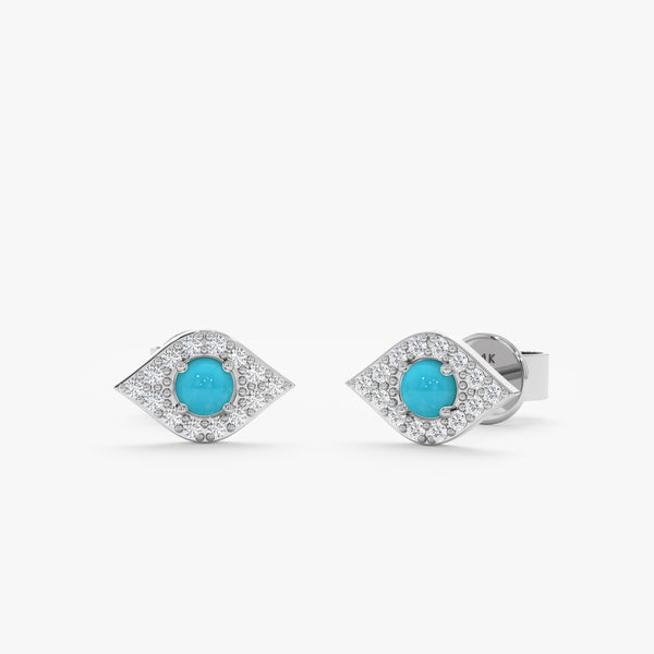 Pair of handcrafted White Gold Diamond paved Turquoise Evil Eye Studs