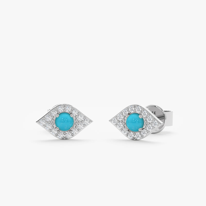 Pair of handcrafted White Gold Diamond paved Turquoise Evil Eye Studs