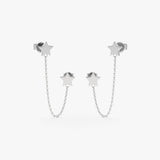 handmade pair of solid 14k White gold hanging chain double star earring studs