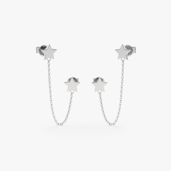 handmade pair of solid 14k White gold hanging chain double star earring studs
