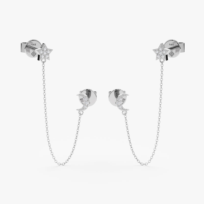 handcrafted pair of solid white gold moon and star diamond stud earrings with chain