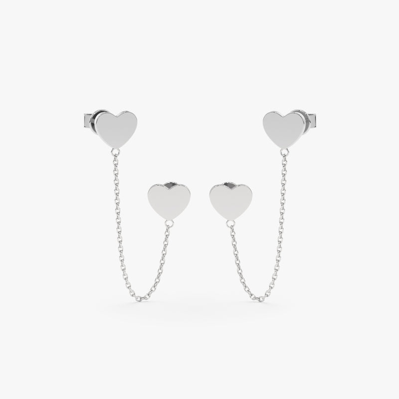 handcrafted pair of solid 14k White Gold Heart Chain Stud earrings