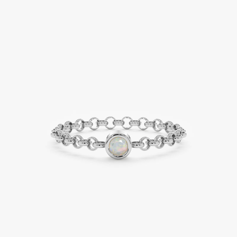 White Gold Bezel Opal Chain Ring