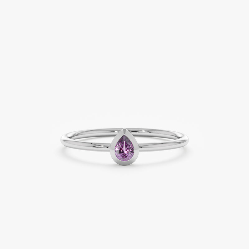 White Gold Pear Shaped Amethyst Bezel Ring