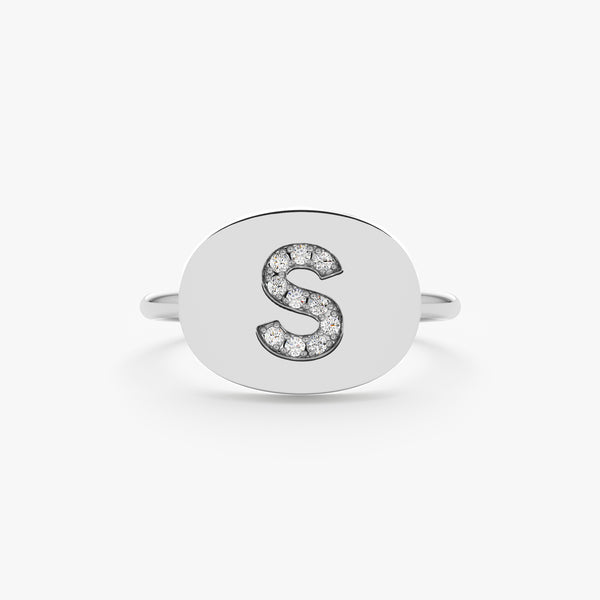 White Gold Diamond Initial Signet Ring