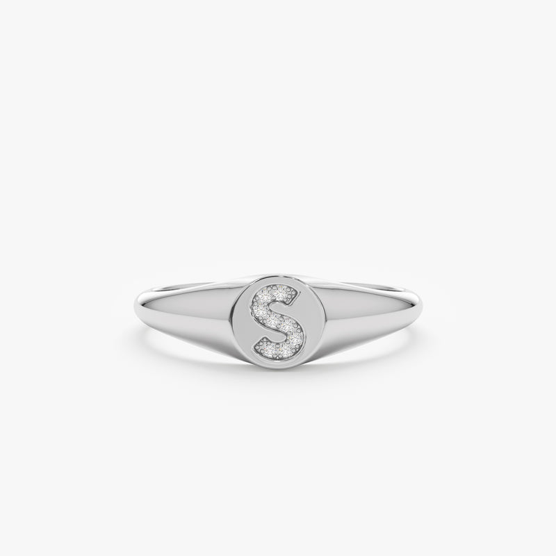 White Gold Diamond Initial Signet Ring
