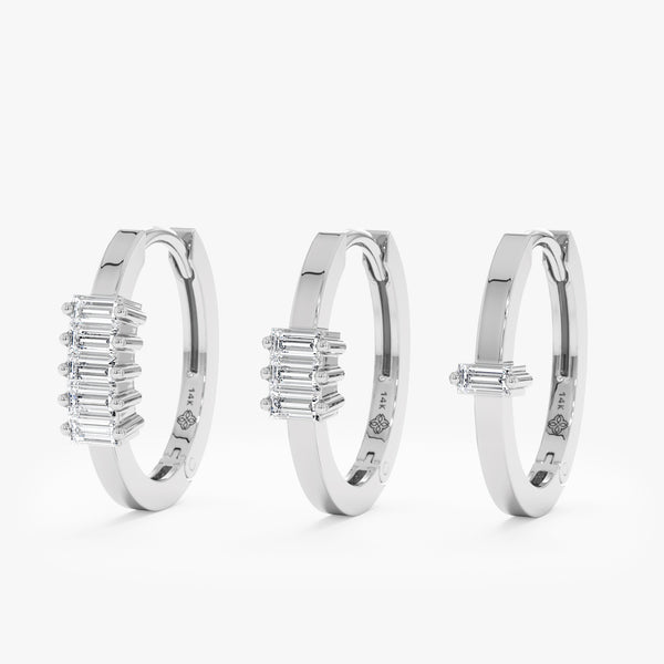handcrafted White Gold Baguette Diamond Huggie hoop earrings