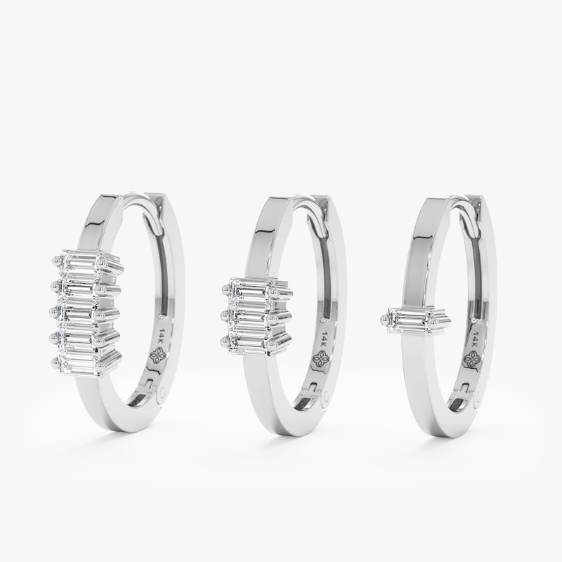 handcrafted White Gold Baguette Diamond Huggie hoop earrings