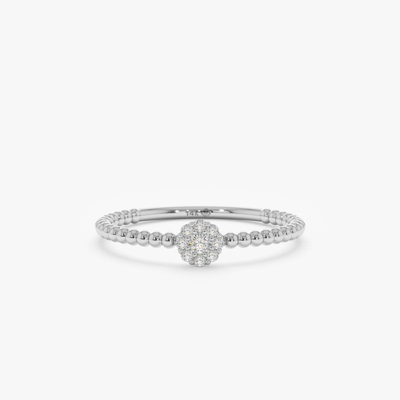 White Gold Beaded Band Flower Ring