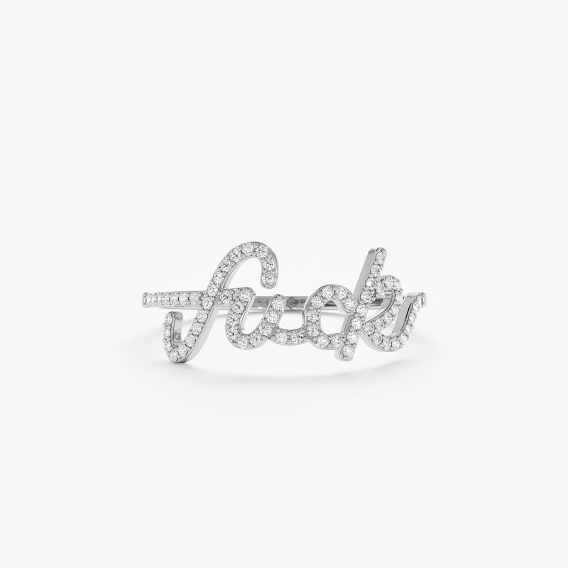 White Gold Cursive Diamond Fuck Ring