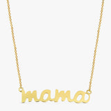 Custom solid gold cursive name necklace on a white background.