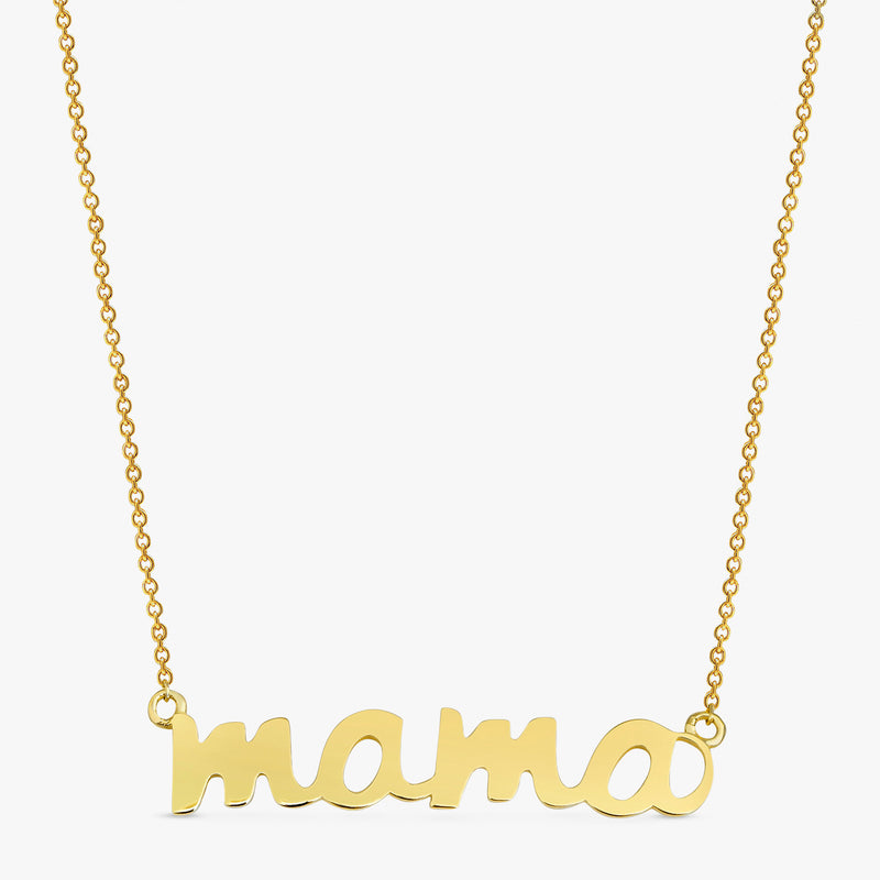 Custom solid gold cursive name necklace on a white background.