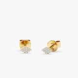 handmade pair of solid 14k gold stud earrings in diamond shape with paved diamonds 