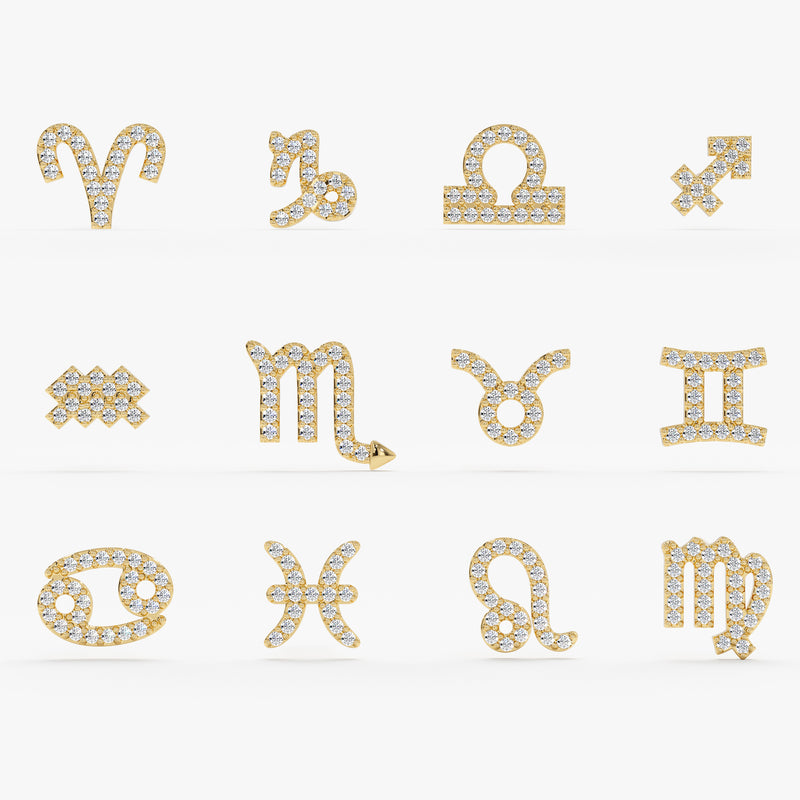 Selection of 14k solid Yellow Gold Diamond Horoscope stud Earrings