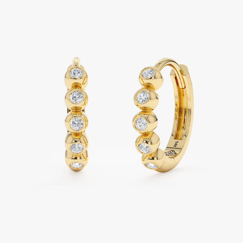 Pair of handmade solid 14k Gold multi bezel diamond mini Hoop earrings