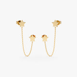 handmade pair of solid 14k gold double star stud earrings with hanging chain