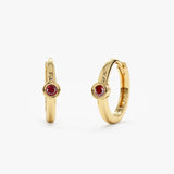 Handmade pair of solid 14k Gold hoop huggies with red garnet bezel