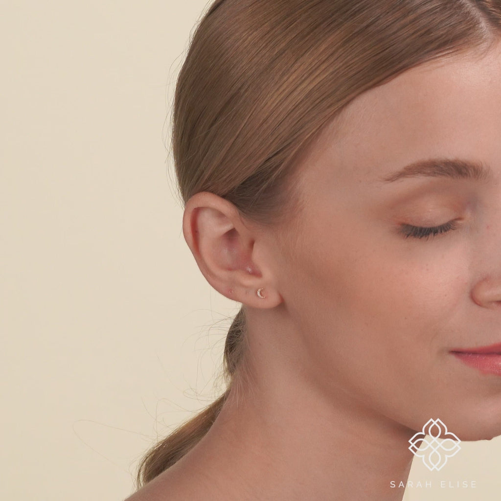 Handmade Dainty Gold Diamond Crescent Moon Earrings