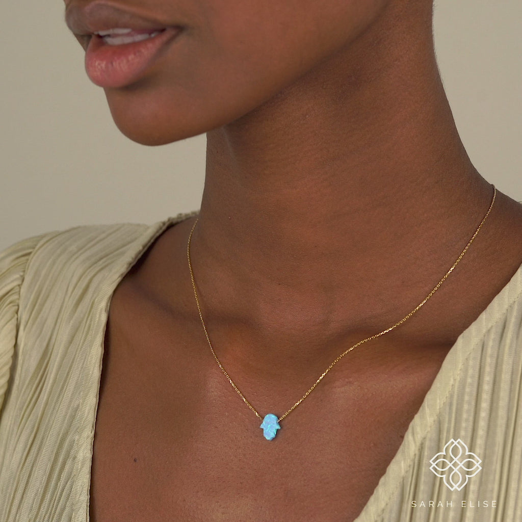 blue opal Hamsa hand necklace