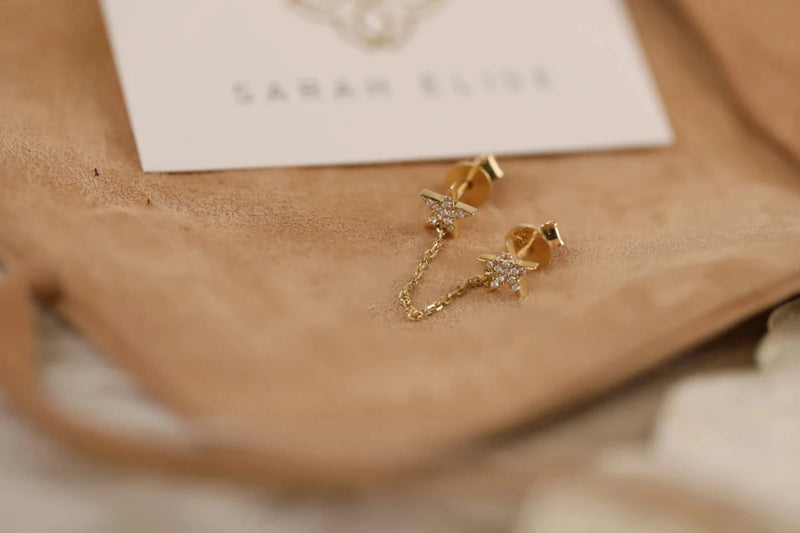 handmade petite star dangle earring studs with chain