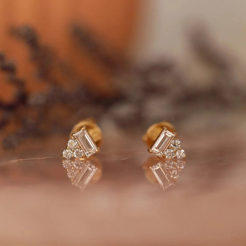 handmade solid gold baguette diamond earring studs