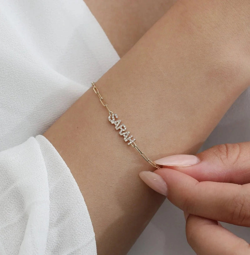 solid gold paperclip name bracelet