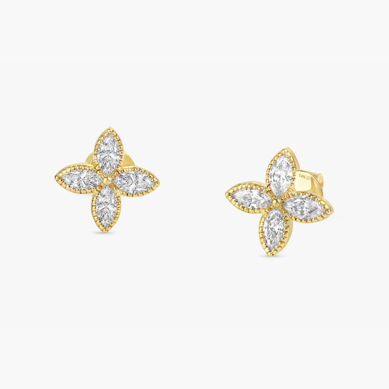 handmade pair of solid gold marquise diamond clover studs