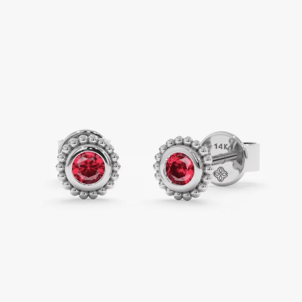 Handmade pair of solid 14k white gold art deco style ruby bezel stud earrings