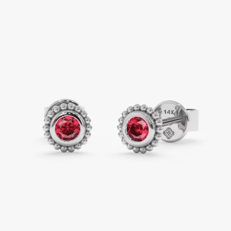 Handmade pair of solid 14k white gold art deco style ruby bezel stud earrings