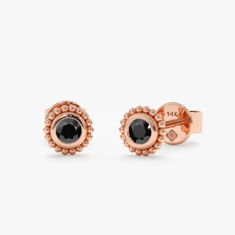 Pair of solid 14k rose gold in art deco style bezel frame with black onyx stone