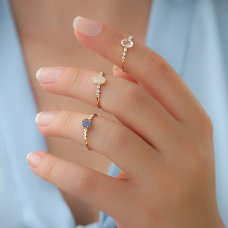 rose quartz opal and labradorite rings