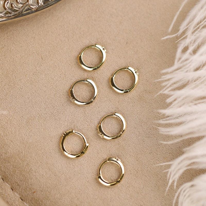 Dainty solid 14k gold hoop huggie earrings with diamond