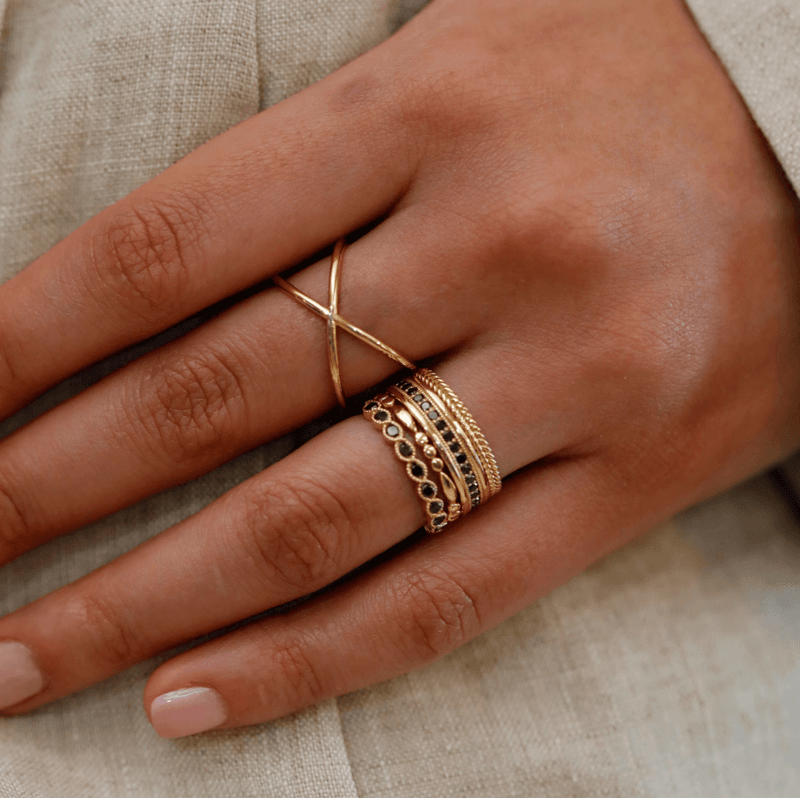 dainty black diamond solid gold ring stack