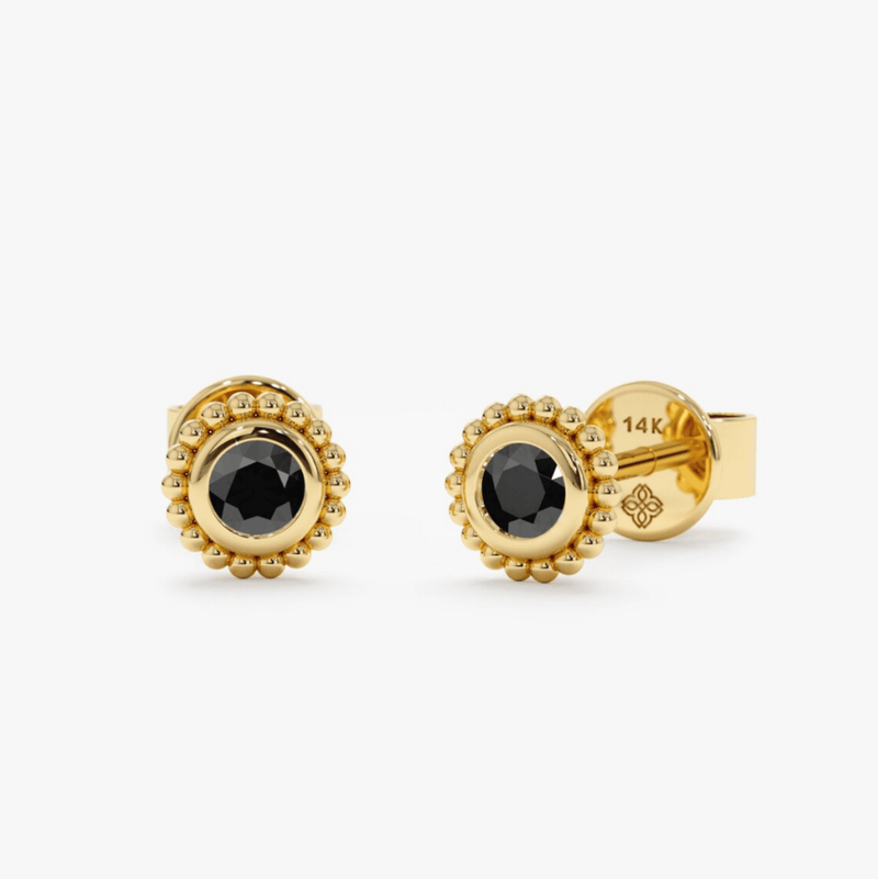 Handmade pair of 14k solid gold with black onyx in art deco style bezel stud earrings